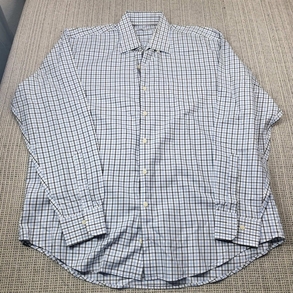 Peter Millar Dress Shirt Mens XL White‎ Blue Check Long Sleeve Button Front